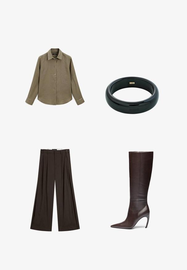 Camicia a maniche lunghe di colore verde oliva con colletto, chiusura con bottoni e tessuto liscio e texture. Presenta un orlo arrotondato e polsini con bottoni.; Pantaloni larghi marroni realizzati in tessuto leggero, con pieghe frontali, due tasche laterali e chiusura a un bottone.; Stivale marrone in pelle al ginocchio con punta affusolata e tacco a spillo, caratterizzato da una texture liscia e un design minimalista.; Bracciale in resina nera con superficie liscia e lucida e bordi arrotondati. Presenta un piccolo logo dorato "Pilgrim" all'interno.