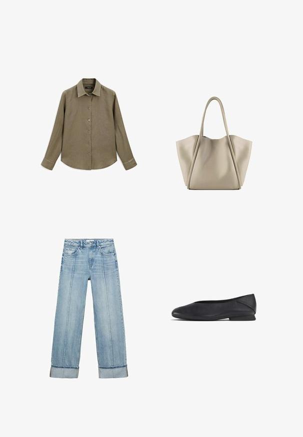 Langärmliges, olivgrünes Hemd mit Kragen, Knopfverschluss und glattem, strukturiertem Stoff. Verfügt über einen abgerundeten Saum und geknöpfte Manschetten.; Hellblaue Denim-Jeans im weiten Schnitt mit hoher Taille, ausgestattet mit fünf Taschen, sichtbaren Nähten und umgeschlagenen Säumen an den Bündchen.; Schwarze Lederflats mit runder Zehenpartie und niedrigem Absatz, geeignet für Freizeit- oder formelle Anlässe.; Beige Leder-Shopper mit einem geräumigen, strukturierten Design. Verfügt über zwei lange Griffe und dezente Nähte; keine sichtbare Hardware.