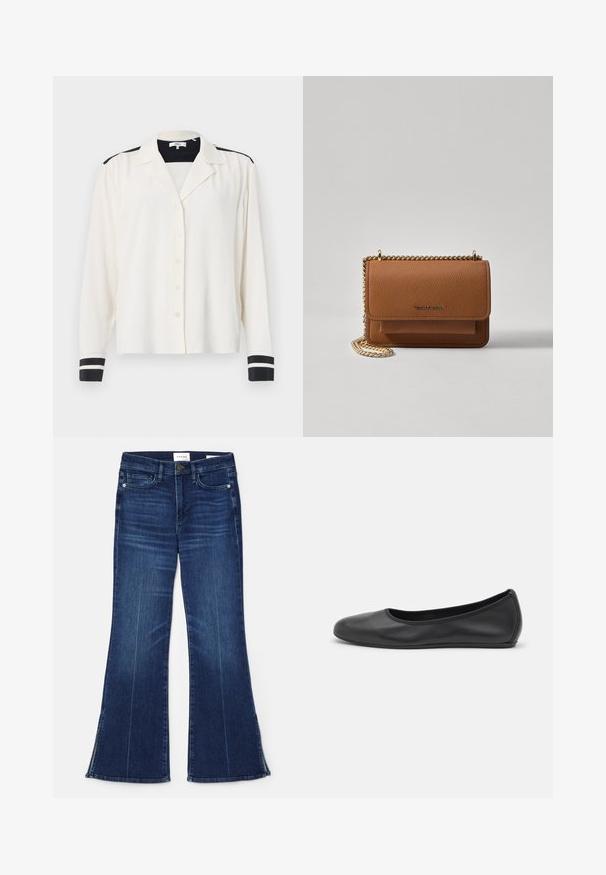 Lange mouwen blouse van crèmekleurige stof met een kraag, voorzien van zwarte streepaccenten op de schouders en zwarte gestreepte manchetten. Vijf knoopsluiting.; Donkerblauwe uitlopende jeans gemaakt van denim. Beschikt over een hoge taille, voorzakken en splitdetails aan de zoom. Klassiek vijfzakontwerp.; Zwarte leren ballerina met een ronde neus, gladde textuur, minimale stikdetails en een flexibele zoolontwerp.; Bruine lederen schoudertas met textuur, voorzien van een gouden kettingstrap en klepsluiting. De voorkant heeft een logo-detail en een zak onder de klep.