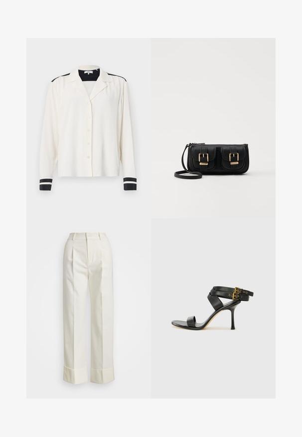 Langärmliges Hemd aus cremefarbenem Stoff mit Kragen, das schwarze Streifenelemente an den Schultern und schwarze gestreifte Manschetten aufweist. Fünf Knopfverschluss.; Weiße maßgeschneiderte Hose mit hoher Taille, doppelten Vorderfalten und weiten Beinen mit umgeschlagenen Säumen. Hergestellt aus einem glatten, strukturierten Stoff.; Schwarze Absatzsandale mit gekreuzten Riemen und verstellbarem Schnallenverschluss. Sie verfügt über eine glatte Textur und einen schmalen Stiletto-Absatz.; Schwarze Leder-Umhängetasche mit zwei vorderen Taschen, goldenen Schnallen, Reißverschluss und einem schmalen Tragegurt. Texturierte Oberfläche und kompakte rechteckige Form.