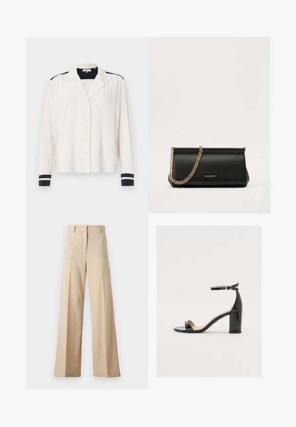 Kreminio audinio ilgomis rankovėmis marškiniai su apykakle, turintys juodas juosteles ant pečių ir juodas juosteles ant rankogalių. Uždarymas su penkiomis saga.; Smėliniai plačių kojų kelnių pagamintos iš lygaus audinio, su plokščiu priekiu su klostėmis, užtrauktuku ir kilpomis diržui. Visapusiškai pritaikyta forma.; Juodas lakinės odos sandalai su plačiu kulnu, atvira koja ir kulkšnies juostele, turinčia auksinę sagtį. Lygi tekstūra ir elegantiškas dizainas.; Juodas odinis delninukas su auksine grandine, turintis lygų paviršių, stačiakampį išmatavimą ir įspaustą prekės ženklą priekyje.