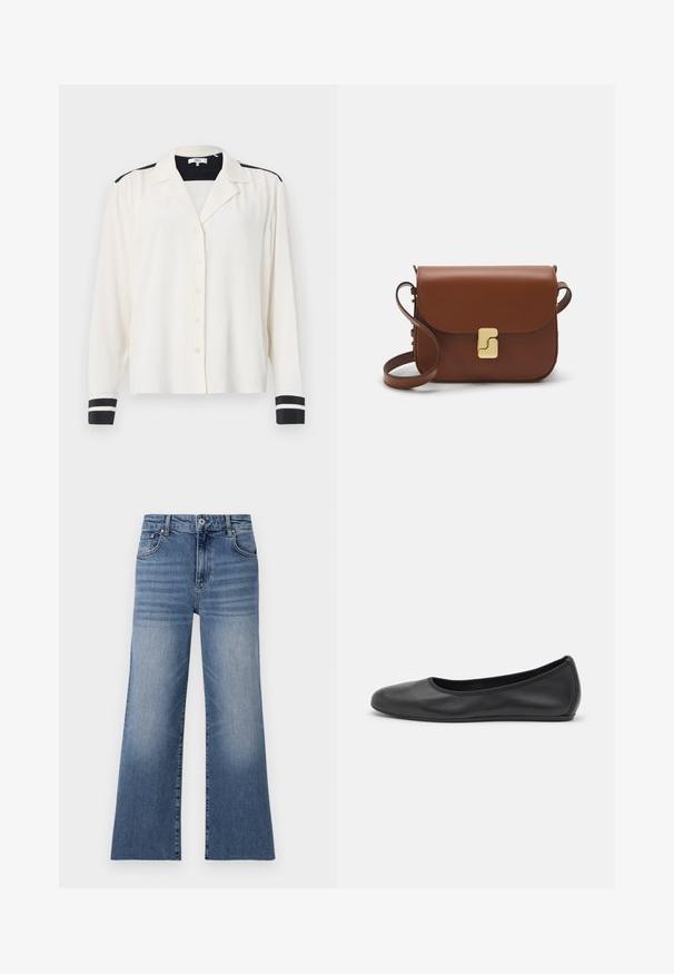 Langärmliges Hemd aus cremefarbenem Stoff mit Kragen, das schwarze Streifenelemente an den Schultern und schwarze gestreifte Manschetten aufweist. Fünf Knopfverschluss.; Helle blaue Denim-Jeans mit weitem Bein und hoher Taille, ausgestattet mit Fronttaschen, einem Knopfverschluss und einem verwaschenen Muster an den Beinen.; Schwarze Leder-Ballettschuhe mit abgerundeter Spitze, glatter Textur, minimalen Nähdetails und einem flexiblen Sohlen-Design.; Braune Ledertasche mit Klappenverschluss, Beschlägen in Goldfarbe, einem Schultergurt und einer glatten Oberfläche. Kompakte rechteckige Form.