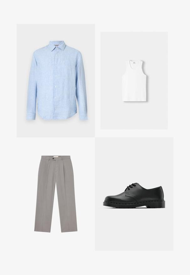 Cămașă albastru deschis, cu dungi verticale albe, mâneci lungi, guler ascuțit și tiv rotund. Confecționată dintr-un material ușor.; Top din bumbac alb, cu decolteu rotund, bretele late și margine dreaptă, având o textură fină și fără modele vizibile.; Pantaloni gri cu un design drept, realizați dintr-un material neted. Conțin o pliu frontal, închidere cu un singur nasture și urechi pentru curea.; Shoe oxford din piele neagră, cu sistem de închidere cu șireturi, vârf rotunjit, talpă plată din cauciuc și detalii de cusătură subtile pe partea superioară.