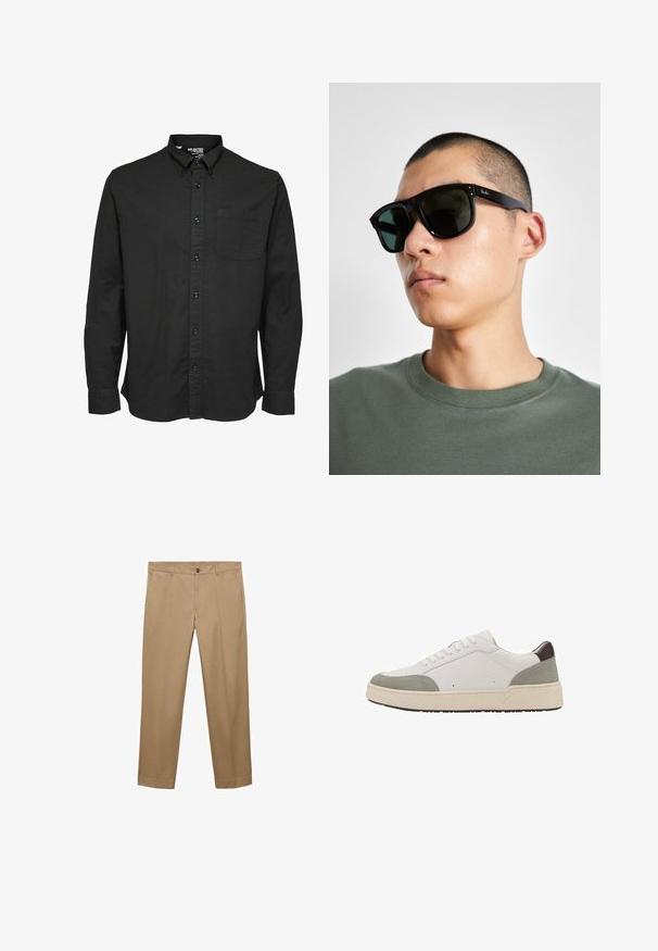 Čierna košeľa s dlhým rukávom na gombíky z bavlnenej tkaniny, s klasikcým golierom, prednou vreckom a zladenými čiernymi gombíkmi.; Béžové nohavice rovného strihu vyrobené z ľahkého materiálu s jemnou štruktúrou, so zapínaním na prednom diele na gombík a pútkami na opasok.; Biele tenisky s šedou semišovou a tmavo-hnedou koženou akcentmi. Obsahujú šnurovací dizajn, zaoblenú špičku, hrubú bielu gumovú podrážku a minimálne prešitie.; Čierne obdĺžnikové slnečné okuliare s tmavými sklami, s charakteristickým tvarom a značkou na ramene. Nosí ich osoba v zelenej košeli.
