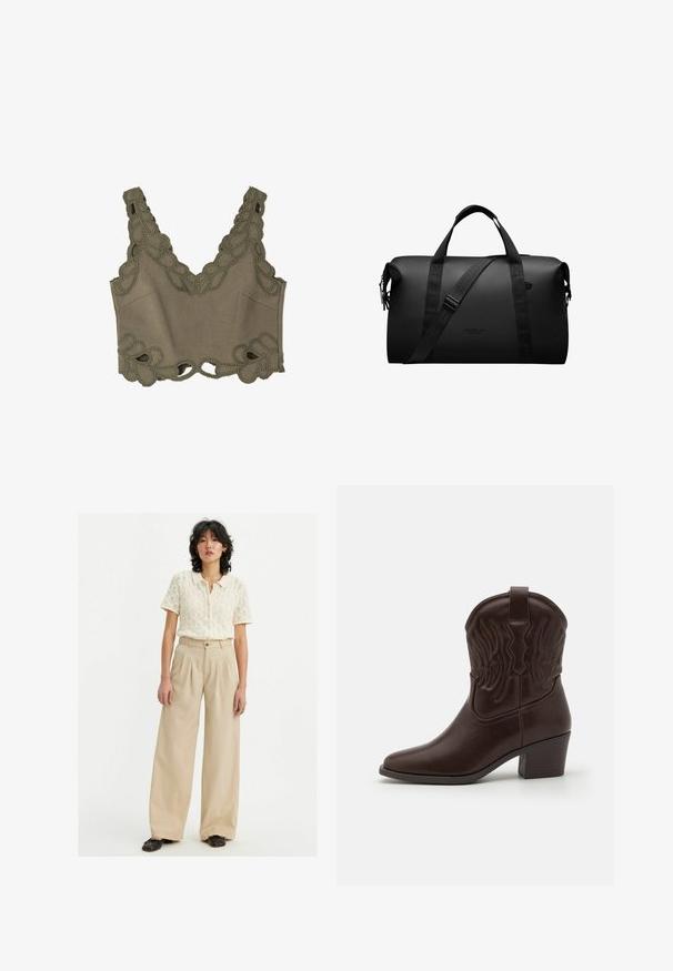 Olivgrünes Crop-Top mit dekorativem Häkelrand am Kragen und Saum, aus weichem Material und mit V-Ausschnitt-Design.; Beige weit geschnittene Hose mit hoher Taille und Falten, kombiniert mit einer cremefarbenen, strukturierten Strickjacke mit kurzen Ärmeln. Schwarze Schuhe.; Braune Leder-Cowboy-Stiefel mit spitzen Zehen, geprägten Flügelmotiven, einem mittelhohen Blockabsatz und einer Zuglasche auf der Rückseite.; Schwarze Reisetasche aus strapazierfähigem Material; verfügt über zwei Griffe und einen verstellbaren Schultergurt; minimalistisches Design mit Logodetail.