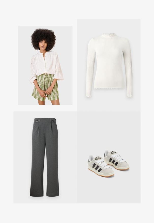 Weiße bestickte Bluse mit einem Knopfverschluss und Puffärmeln, kombiniert mit grünen Karotten-Shorts mit Zugband. Weicher Stoff, detaillierte Muster.; Langärmliges, weißes, geripptes Rollkragenoberteil mit einem Rüschensaum und fransigen Saumdetails. Sanfte Textur, figurbetonte Passform.; Graue, weit geschnittene Hose aus strukturiertem Stoff, mit hoher Taille, Bundfalten und zwei Knöpfen am Taillenbund.; Graue Wildledersneaker mit weißen Schnürsenkeln, schwarzen Streifen und einer weißen Gummisohle. Merkmale sind ein kreisförmiges Logo auf der Zunge und eine Gummisohle.