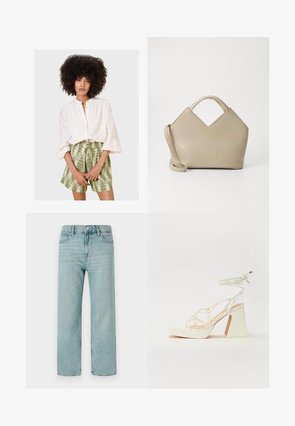 Valkoinen broderad paita, jossa on nappikiinnitys ja puffipaidat, yhdistetty vihreisiin ruudullisiin narushortsseihin. Pehmeä kangas, yksityiskohtaiset kuviot.; Vaaleansiniset leveälahkeiset farkut, joissa on klassinen viisi-taskuinen muotoilu, puhtaat linjat sekä normaali vyötärö napp closurella.; Valkoinen korkokenkä, jossa on paksu korko, ja joka sisältää nauhakiinnityksen ja nilkkaketjun. Sujuva pinta, jossa on platform-etupohja lisäkorkeutta varten.; Beige laukku, jossa on V-muotoinen yläosa, sileää nahkaa, lyhyet kahvat ja pitkä säädettävä hihna. Minimalistinen muotoilu.