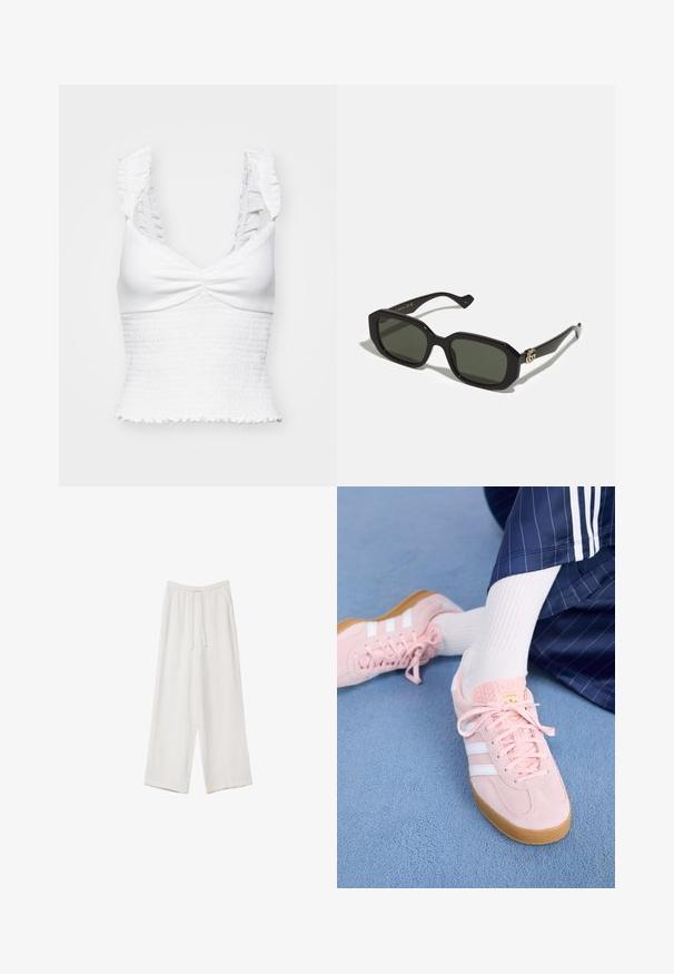 Vit ärmlös topp med volangärmar, smockad textur vid midjan och en knutdesign framtill, avslutad med en volangkant.; Vita vida byxor i vid passform gjorda av ett lättviktsmaterial. Har en elastisk midja med dragsko och sidofickor. Slät textur.; Ljusrosa mockaskor med vita ränder och snören, med en strukturerad tunga och en gummisula, placerade på en blå matta.; Svarta rektangulära solglasögon med solida gröna linser, med en glänsande yta och en gyllene logotypaccent på sidan.