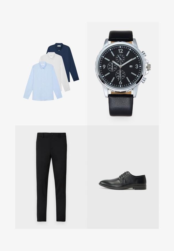 Three long-sleeve shirts: light blue, white, and navy. All have a classic collar and button-down front, made of smooth fabric.; Black fitted trousers with a smooth texture, button closure, belt loops, and no visible patterns or accents.; Black leather dress shoe with a smooth surface, lace-up design, pointed toe, and a low-profile rubber sole. Minimalist shape and accents.; Black leather strap watch with a silver stainless steel case. Black dial features white hour markers, silver hands, and three sub-dials.