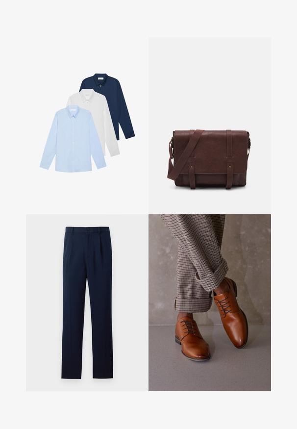 Trīs garas piedurknes krekli: gaiši zils, balts un tumši zils. Visām ir klasiskā apkakle un pogu aizdare, izgatavoti no gludas auduma.; Jūras zila bikses, kas izgatavotas no gludas auduma, ar vienu pogu aizdari, bārkstīm un taisnajām kājām. Minimalistisks dizains bez izteiktām rakstu. ; Brūni ādas apavi ar noapaļu purngali, piecu acs aizdare ar šņorēm un kontrastējošām tumšām šņorēm. Bikses ir ruļļotas un ar rūtainu rakstu.; Brūns ādas sūtījumu soma ar plakanu priekšējo atloku, divām siksnām, zelta metāla detaļām un regulējamu plecu siksnu.