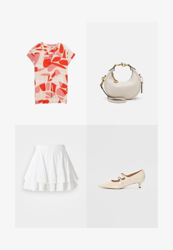 TOM TAILOR Marškinėliai su spaudiniu - red dots and shapes design; Balta sluoksniuota sijonas, pagamintas iš lengvos medžiagos su skylučių raštu ir raukšlėtu apdailu. Turi elastinę juostelę patogumui.; Kreminės lakuotos Mary Jane bateliai su dviem reguliuojamais sagtelėmis, smailiu priekiniu galimu ir mažu kulnu. Lygi tekstūra su blizgiu paviršiumi.; Kreminės odos rankinė pusmėnulio formos, su auksiniais aksesuarais, juodais akcentais ir nuimamu dirželiu. Yra grandinėlės detalė ir etiketė.; Aukso tonų auskarų rinkinys, kuriame yra trys poros: tekstūruoti ovalūs auskarai, bangos formos auskarai ir dideli hoops auskarai su sluoksniuotomis briaunomis.