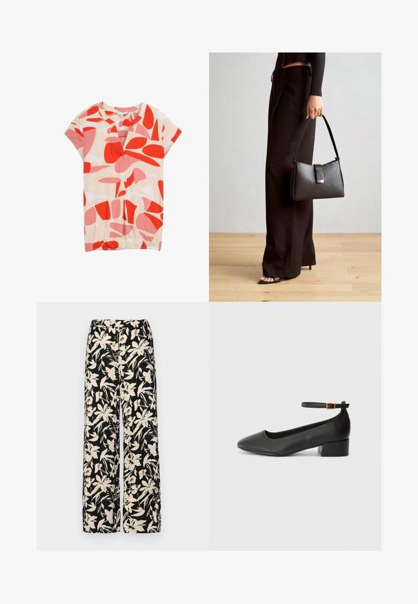 TOM TAILOR - T-shirt z nadrukiem; Czarna bluzka krótki rękaw wykonana z gładkiego materiału, z fasonem peplum i paskiem w talii z dwoma okrągłymi, srebrnymi guzikami.; Czarne spodnie wide-leg z kremowym kwiatowym wzorem. Wykonane z lekkiego materiału, o gładkiej teksturze i wysokim staniku.; Czarne skórzane szpilki z ostrym noskiem i niskim słupkowym obcasem. Wyposażone w pasek na kostkę z złotym zapięciem. Gładka tekstura.; Czarna torebka o usztywnionym kształcie, gładkiej fakturze i metalowym zapięciem. Połączona z szerokimi czarnymi spodniami i sandałami na otwartym palcu na drewnianej podłodze.