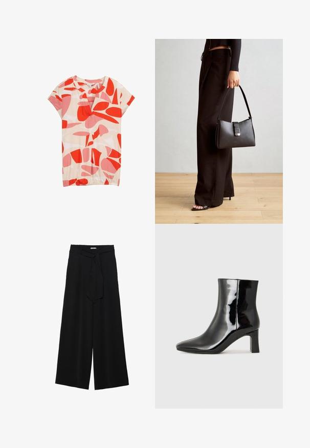 TOM TAILOR Tričko s potlačou - red dots and shapes design; Čierne široké nohavice s textúrovanou tkaninou, elastickým pásom a odnímateľným viazaním na páse pre nastaviteľné priliehanie.; Čierne lakované členkové topánky s špicatou špičkou a stredne vysokým blokovým podpätkom. Hladká textúra a minimalistický dizajn.; Čierna kabelka so štruktúrovaným tvarom, hladkou textúrou a kovovou sponou. V kombinácii so širokými čiernymi nohavicami a sandálmi s otvorenou špičkou na drevenej podlahe.