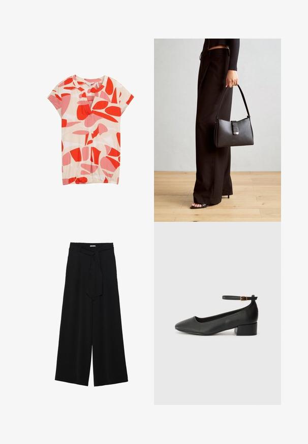 TOM TAILOR T-Shirt print - red dots and shapes design; Schwarze weite Hosen aus strukturiertem Stoff, mit elastischem Bund und einem abnehmbaren Bindegürtel in der Taille für eine verstellbare Passform.; Schwarze Lederpumps mit spitzem Zehenbereich und niedrigem Blockabsatz. Mit einem Knöchelriemen und einer goldfarbenen Schnalle. Glatte Textur.; Schwarze Handtasche mit strukturierter Form, glatter Textur und einem metallischen Verschluss. Kombiniert mit weiten schwarzen Hosen und offenen Sandalen auf einem Holzboden.