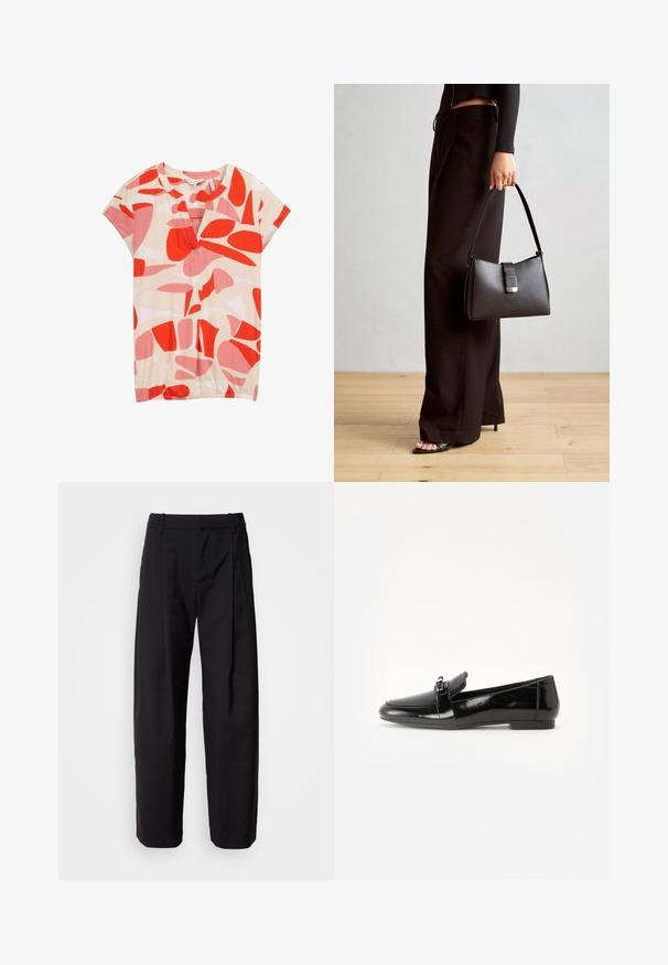 TOM TAILOR Printtipaita - red dots and shapes design; Mustat housut rentoa istuvuutta, laskostettu etuosa ja vyölenkit. Sileä kangas ja suorat lahkeet, joissa on sivutaskut.; Mustat kiiltonahka loafarit, joissa on tasapohja, pyöristetty kärki ja koristeellinen nauha kultasävyisellä yksityiskohdalla. Sujuva, kiiltävä pinta.; Musta käsilaukku, jossa on rakenteellinen muoto, sileä pinta ja metallinen solki. Yhdistetty leveisiin mustiin housuihin ja avonaiheisiin sandaaleihin puulattialla.