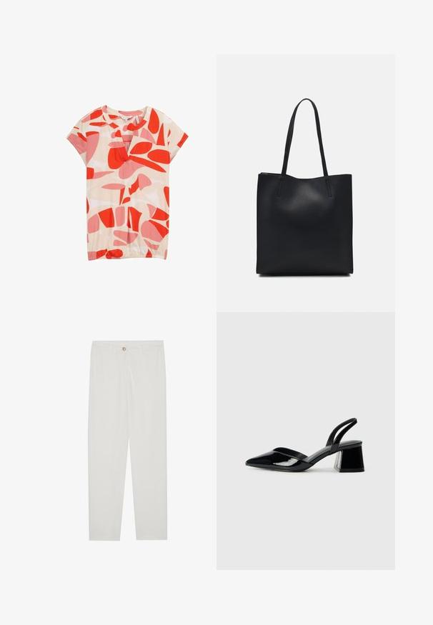 TOM TAILOR Trükipildiga T-särk - red dots and shapes design; Valged kohandatud püksid sirge lõikega, varustatud nupuga kinnitusega, vöödega ja küljetaskutega; sile kangatekstuur.; Mustad musta lakknahk kingad, millel on terav varvas ja geomeetriline plokkkonts. Omab elegantselt minimalistlikku disaini ja sujuvat tekstuuri.; Mustast nahast kott sujuva tekstuuriga, ristkülikukujuline ja kahe pika sangaga. Pole nähtavat riistvara ega kaunistusi.