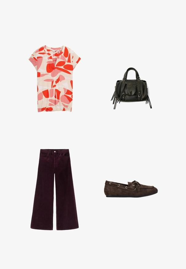 TOM TAILOR T-shirt con stampa - red dots and shapes design; Pantaloni in corduroy a gamba larga di un profondo bordeaux, con vita alta, chiusura con bottone e design classico a cinque tasche con texture a coste.; Scarpa mocassino in suede marrone con punta arrotondata, dettagli in pizzo e occhielli in metallo. Suola piatta, texture liscia e design semplice.; Borsa a tracolla in pelle nera con manici intrecciati, tasca con zip e nappine pendenti. Superficie texturizzata con borchie metalliche e dettagli in metallo.