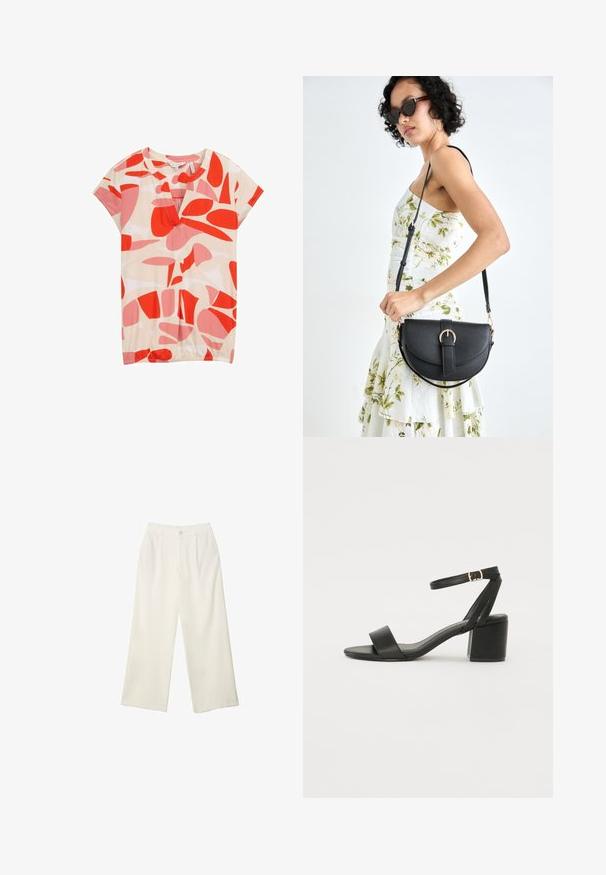 TOM TAILOR T-shirt con stampa - red dots and shapes design; Pantaloni a gamba larga in tessuto crema con una texture liscia, caratterizzati da un singolo bottone frontale, pieghe sottili e un design a vita alta.; Sandalo nero con tacco alto, caratterizzato da una tomaia in pelle liscia, punta aperta, ampie fasce frontali e cinturino a caviglia regolabile con un dettaglio in fibbia dorata.; Borsa a tracolla nera in pelle con una forma curva, manico rimovibile e accessori dorati. La borsa presenta una patta con un dettaglio a fibbia.