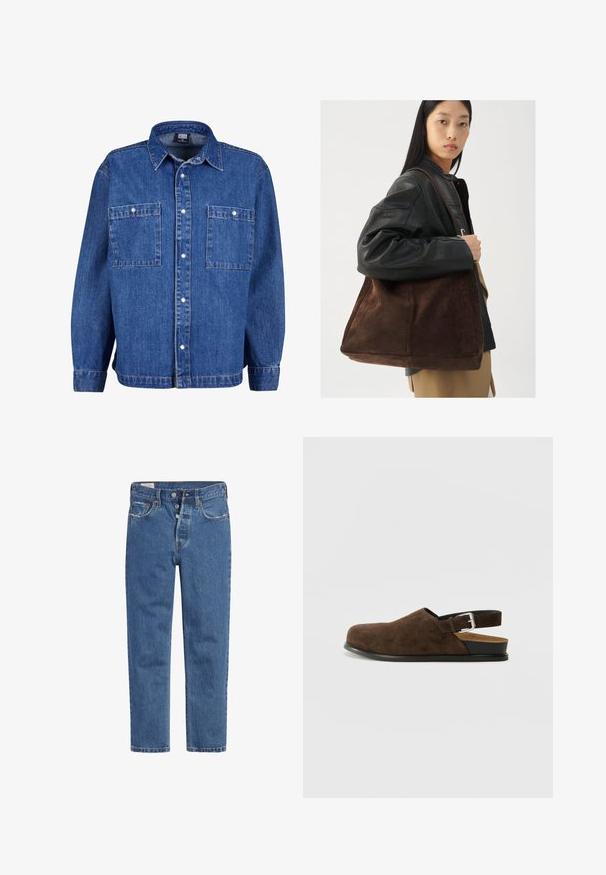 Chaqueta de mezclilla en azul medio con mangas largas, cierre de botones al frente y dos bolsillos en el pecho. Presenta un cuello clásico y un ajuste relajado.; Jeans de mezclilla azul con un diseño de cintura alta, cierre de cinco botones y corte recto. La tela tiene un acabado texturizado y ligeramente desgastado.; Zapato de ante marrón tipo slip-on, con tacón bajo, correa ajustable con hebilla de plata y suela de goma negra.; Bolsa de tote de ante marrón con forma amplia y textura suave, con una sola correa y un hardware minimalista sobre un fondo neutro.