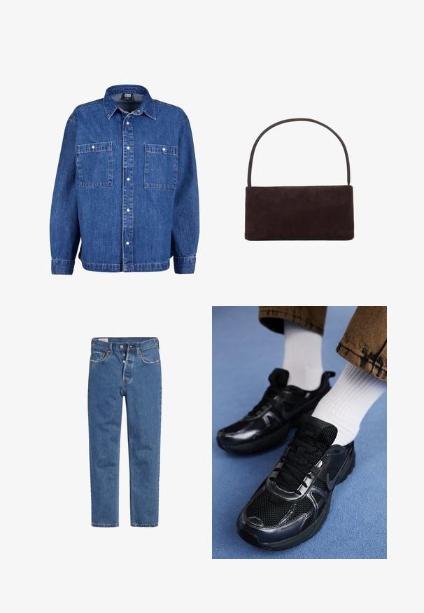 Jeansjack in medium blauw met lange mouwen, knoopsluiting aan de voorkant en twee borstzakken. Beschikt over een klassieke kraag en een ontspannen pasvorm.; Blauwe denim jeans met een high-waisted ontwerp, vijf knopen sluiting en rechte pijpen. De stof heeft een gestructureerde, licht vervaagde afwerking.; Zwarte Nike sportschoenen met een mesh bovenkant en glanzende accenten, zwarte veters en een gestructureerde zool. In combinatie met witte geribde sokken.; Rechthoekige donkerbruine suède handtas met een slanke enkele handgreep, minimalistisch ontwerp en geen zichtbare versieringen.