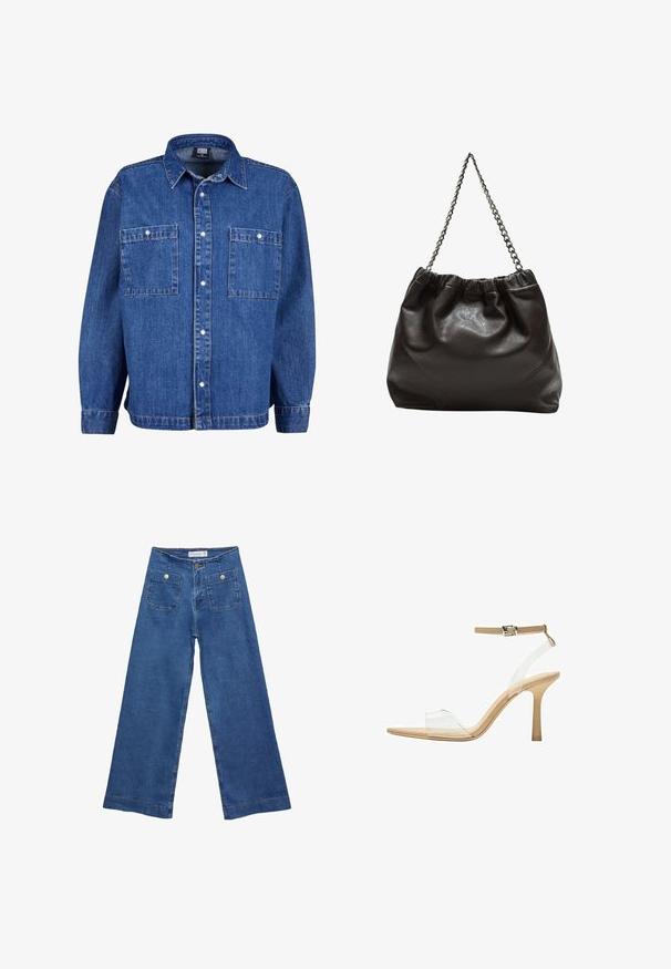 Medium sininen farkkutakki pitkällä hihalla, napitettavalla edessä ja kahdella rintataskulla. Sisältää klassisen kauluksen ja rento istuvuus.; Denim leveled-leg farkut keskisinisellä pesulla, kahdella etupussilla, joissa on nappisuljenta, ja ommelluilla yksityiskohdilla helmoissa.; Kirkas korkokenkä läpinäkyvällä varrella, beigellä pohjalla ja hoikalla nilkkahihnalla. Ominaisuuksiin kuuluu terävä kärki ja ohut korkea korko.; Ruskea nahkainen laukku, jossa on kerätty yläosa ja ketjuhihna. Tasainen pinta, jossa kiiltävä viimeistely ja hienovaraiset sauman yksityiskohdat sivuilla.