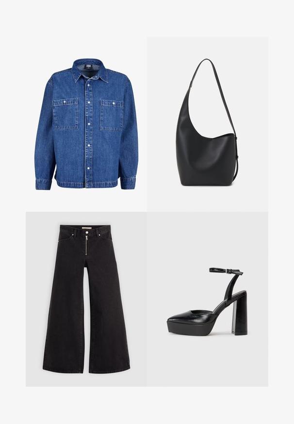 Medium sininen farkkutakki pitkällä hihalla, napitettavalla edessä ja kahdella rintataskulla. Sisältää klassisen kauluksen ja rento istuvuus.; Mustat leveälahkeiset farkut, joissa on vetoketjufrunti, viisi-taskuinen muotoilu ja hienovaraiset ompelusyyt. Sileä pinta ja rento tyyli.; Mustat korkeat platform-kengät, joissa on terävä kärki ja säädettävä nilkkaremmi. Valmistettu sileästä nahasta ja varustettu paksulla lohkokorkeudella.; Musta nahkainen hobo-laukku, jossa on sileä pinta, kaareva muoto ja yksi säädettävä olkahihna; sisäänkäynti on leveä ylhäältä.