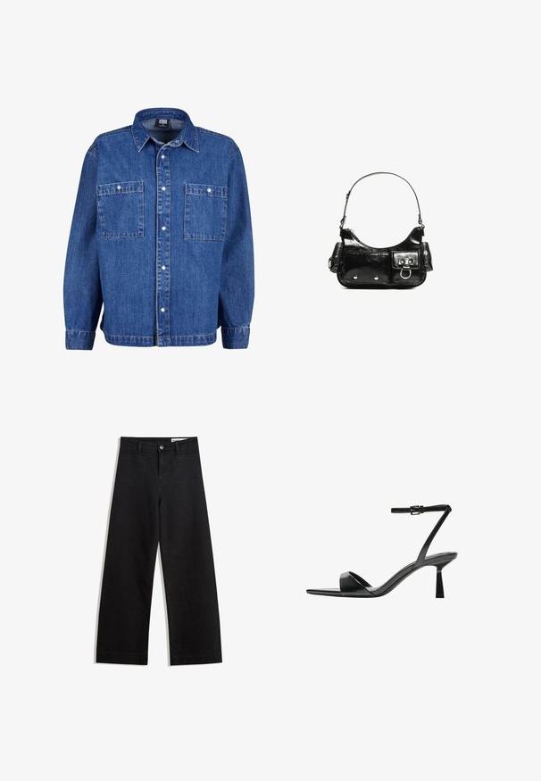 Denimjakke i mellemblå med lange ærmer, knaplukning foran og to brystlommer. Har en klassisk krave og en afslappet pasform.; Sorte wide-leg denim bukser med høj talje, der har front- og baglommer, syede sømme og en knaplukning. Glat tekstur.; Bershka Højhælede sandaletter / Højhælede sandaler - black; Sort patenteret læder håndtaske med en buet form, en skulderrem, frontlommer og hardware accenter i sølvfarve.
