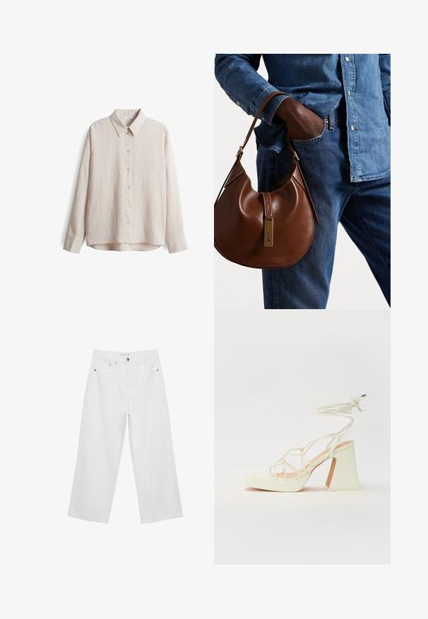 Light beige long-sleeve shirt with a textured, striped pattern, point collar, and six button front closure. Cotton blend fabric.; White wide-leg jeans made of denim with a high waist, featuring five pockets and metal hardware accents. Smooth texture, no visible patterns.; White high-heeled sandal with a chunky heel, featuring a strappy design and ankle tie. Smooth texture with a platform front for added height.; Brown leather hobo bag with a rounded shape, featuring a gold hardware accent and contrast stitching. Paired with a denim shirt and jeans.