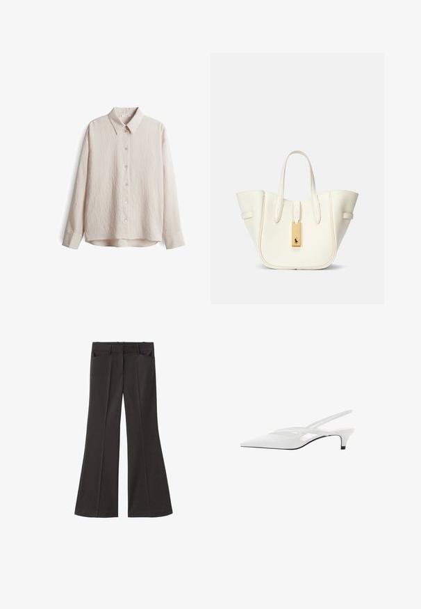 Lichtbeige langemouwen shirt met een gestructureerd, gestreept patroon, puntkraag en een sluiting met zes knopen aan de voorkant. Katoenmengsel stof.; Zwarte flared broek met een hoge taille; beschikt over twee voorkeurszakken en een gladde stoftextuur. Geschikt voor verschillende gelegenheden.; Witte slingback hak met spitse neus, voorzien van een gladde bovenkant, subtiele uitsparingen en een lage blokhak. Zwarte zool accentueert het ontwerp.; Witte leren tote bag met een gestructureerde vorm, prominente stiksels, gouden hardwarelabel en dubbele handgrepen. Gelaagde oppervlakte met zijzakken.