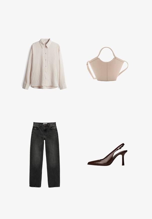 Helle beige Langarmbluse mit einem strukturierten, gestreiften Muster, einem Kragen und einer Frontverschluss mit sechs Knöpfen. Stoff aus Baumwollmischung.; Schwarze Jeans aus Denim mit lockerer Passform, geradem Bein, fünf Taschen-Design und einer leicht gewaschenen Textur. Knopf- und Reißverschluss vorne.; Braune Leder-Slingback-Pumps mit spitzer Zehenform und dünnem Absatz. Sie verfügen über eine kleine Akzent-Schnalle am Riemen und eine glänzende Oberfläche.; Beige Lederhandtasche mit einer einzigartigen Form, die zwei kurze Henkel und einen langen verstellbaren Riemen aufweist. Glatte Textur mit minimalen Hardware-Elementen.