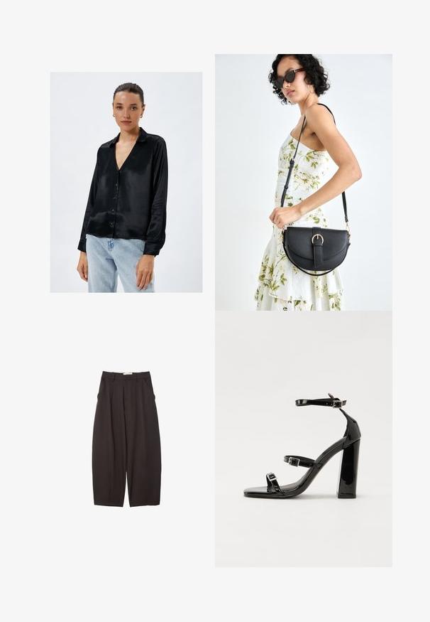 Schwarze Satin-Hemdbluse mit V-Ausschnitt, langen Ärmeln und glatter Textur. Taillierte Passform mit einem dezenten Glanz und klassischem Kragen-Design.; Schwarze weit geschnittene Hosen aus einem glatten Stoff, mit hoher Taille, Frontfalten und Seitentaschen. Schlichtes Design ohne Verzierungen.; Schwarze patentierte Sandalen mit Absatz, quadratischer Spitze, Knöchelriemen und silbernen Schnallen. Mit einem stabilen Blockabsatz für mehr Stabilität.; Schwarze Lederhandtasche mit geschwungener Form, abnehmbarem Tragegurt und goldenen Beschlägen. Die Tasche verfügt über einen Deckel mit einer Schnallen-Details.