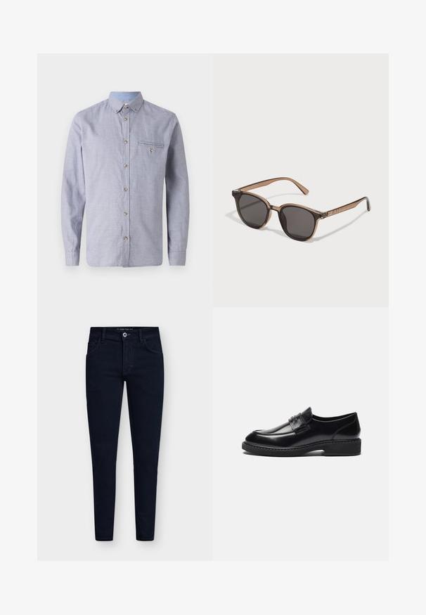 Lysblå og hvid ternet langærmet skjorte med button-down krave, brystlomme, manchetter med knapper og trækknapper i træ.; Sæt af fem kortærmede t-shirts i hvid, beige, lys grå, mørk grå og sort. Fremstillet af glat bomuld med rund halsudskæring.; Mørkeblå, slim-fit jeans med fem lommer, knaplukning og et slidstærkt denimstof. Har et klassisk design og minimal syning.; Zign LEATHER - Business loafers - black; Brune plastiksolbriller med mørke linser, rund form og tilspidsede stænger. Bemærkelsesværdige dekorationer på templerne.