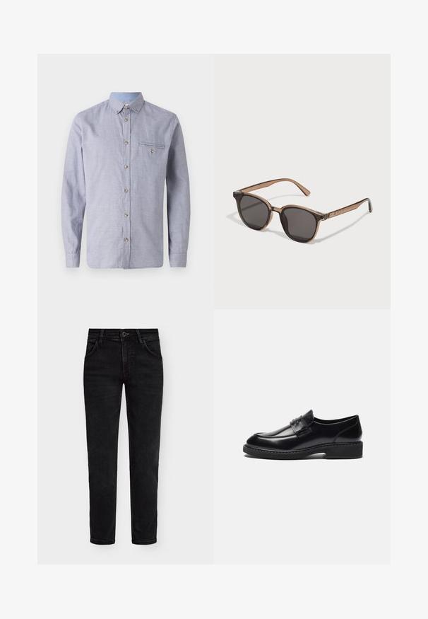 Hellblau-weiß kariertes Langarmhemd mit Button-Down-Kragen, Brusttasche, geknöpften Ärmeln und Holzknoopfen.; Set aus fünf Kurzarm-T-Shirts in Weiß, Beige, Hellgrau, Dunkelgrau und Schwarz. Hergestellt aus glattem Baumwollmaterial, mit Rundhalsausschnitt.; Schwarze Jeans aus Denim mit normaler Passform, ausgestattet mit einem Reißverschluss, Knopfverschluss und fünf Taschen. Glatte Textur und klassisches Design.; Zign LEATHER - Business-Slipper - black; Braune Kunststoffsonnenbrille mit dunklen Gläsern, runder Form und verjüngten Bügeln. Auffällige Verzierungen an den Schläfen.