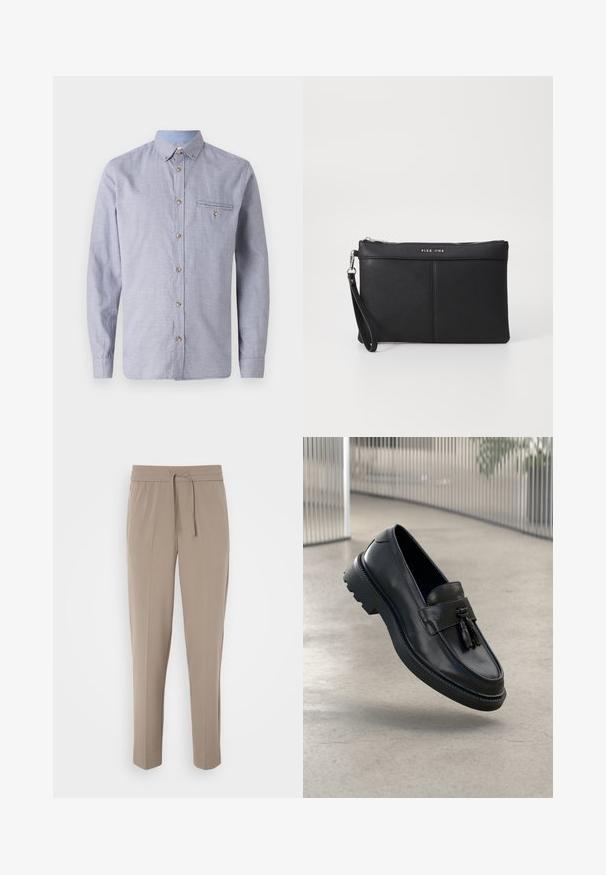 Lysblå og hvid ternet langærmet skjorte med button-down krave, brystlomme, manchetter med knapper og trækknapper i træ.; Lys beige bukser med elastisk talje, justerbar snor og tapered ben. Stoffet ser glat ud med en let glans.; Sorte læderloafer med glat finish, dekorativ kvast, tyk gummisål og syede detaljer. Let og elegant design.; Sort syntetisk clutch med lynlåslukning, håndledsrem og en glat overflade. Har diskret syninger og et præg af logoet på fronten.