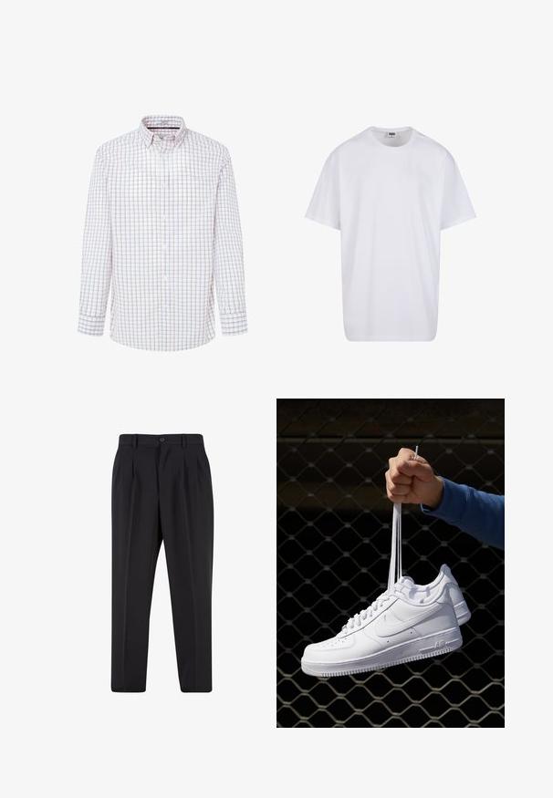 Bílá košile s dlouhými rukávy s mřížkovým vzorem v červené a modré barvě. Košile má límec s knoflíky, přední légu se zapínáním na knoflíky a manžety na knoflíky.; Bílé triko z bavlny s krátkým rukávem, kulatým výstřihem, volným střihem a bez viditelných log či vzorů. Hladká textura a minimalistický design.; Černé kalhoty s plisovaným předním designem, vyrobené z hladké tkaniny. Obsahují zapínání na knoflík a poutka na opasek; rovný střih.; Bílé kožené tenisky s perforacemi, kulatou špičkou, plochou podrážkou a silnými tkaničkami, které mají viditelné logo swoosh a nápis "AIR" na patě.