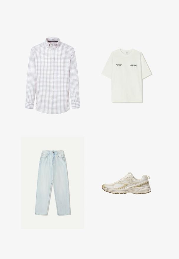 Bela srajca z dolgimi rokavi z vzorcem mreže v rdeči in modri barvi. Ovratnik z gumbi, sprednji del s platnicami in gumbi ter zapenjanje rokavov z gumbi.; Bela bombažna majica s kratkimi rokavi. Na sprednji strani je črn napis: "NE JUTRI NE DANES" in "UMETNOST SVETOVANJA" v zeleni pisavi.; Svjetloplave traperice s ležernim krojem, ravnim nogavicama, dizajnom s pet džepova i suptilnim izblijedjenjem na tkanini.; Bele športne čevlje iz mrežastega in sintetičnega materiala, z zaobljenim prstom, oblazinjeno podplatom in bež poudarki na straneh.