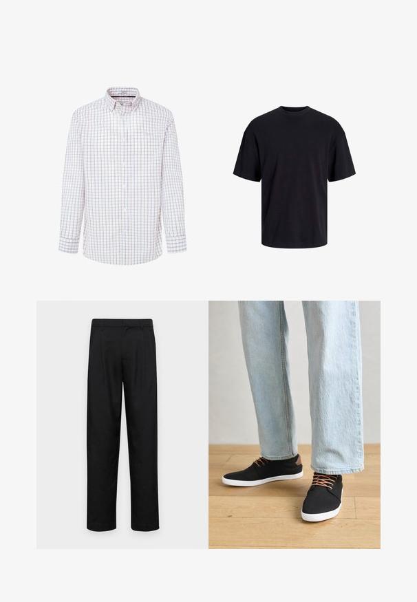 Hvid langærmet skjorte med et ternet mønster i rød og blå. Knapkrave, frontklap med knapper og manchetter med knapper.; Sort bomulds t-shirt med rund hals, korte ærmer og en afslappet pasform. Glat tekstur uden synlige mønstre eller accenter.; Sorte bukser lavet af glat stof, med et lige ben-design, to frontfolder og en standard talje med bæltestropper.; Sort canvas sneakers med brune detaljer, hvide gummisåler og brune snørebånd, parret med lyseblå lige ben jeans. Trægulv i baggrunden.