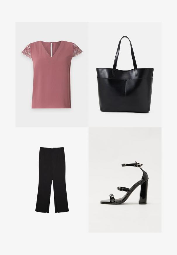 Ružový top s výstrihom do V a krátkymi rukávmi, ozdobený čipkovým lemovaním. Hladký materiál s detailom v tvare kľúčovej diery na zadnej strane.; Čierne nohavice so strihom rovného strihu, s prednými vreckami a bočnými rozparkami na leme. Vyrobené z mäkkej, hladkej tkaniny. Vhodné na rôzne príležitosti.; Čierne lakované sandále na podpätku so štvorcovou špičkou, navlečenými remienkami okolo členku a striebornými prackami. Disponujú masívnym blokovým podpätkom pre stabilitu.; Čierna kožená tote taška s dvoma dlhými rúčkami, hladkým povrchom a štruktúrovaným tvarom. Obsahuje prednú kapsu pre dodatočné uskladnenie.