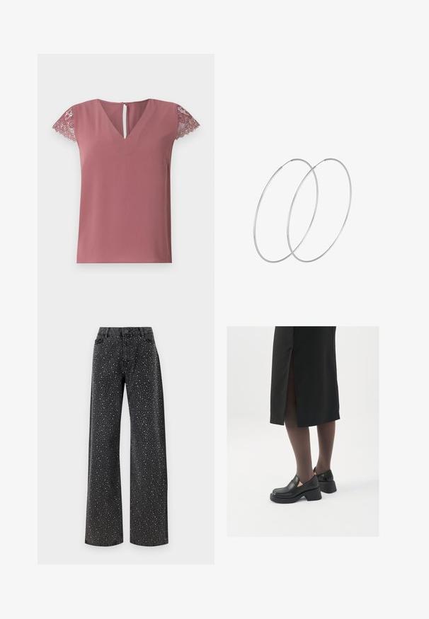Ružový top s výstrihom do V a krátkymi rukávmi, ozdobený čipkovým lemovaním. Hladký materiál s detailom v tvare kľúčovej diery na zadnej strane.; Noisy May NMJANNEL LOOSE - Džínsy voľného strihu - black denim; Čierne kožené topánky s okrúhlou špičkou, silným blokovým opätkom a elastickými bočnými akcentmi, skombinované s tmavými pančuchami a čiernou sukňou so štiepením.; Strieborné kruhové náušnice s minimalistickým dizajnom. Cirkulárny tvar, hladký povrch a tenký profil. Ľahké s lesklým povrchom.