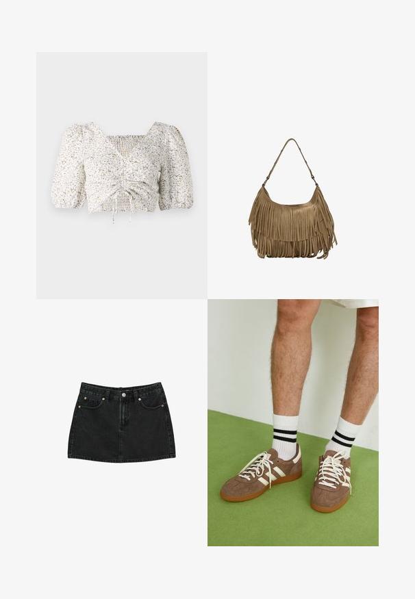 Bijela bluzica kratkih rukava s cvjetnim uzorkom u bež i plavoj boji. Ima naborani prednji dio i kvadratni izrez s detaljima odvezivanja.; Crna traper mini suknja s prednjim gumbom, peteljkama i dva prednja džepa s bakrenim zakovicama, položena ravno na bijeloj pozadini.; Smeđe nubuk tenisice s bijelim detaljima i vezicama. Gumeni potplat. Nosene s bijelim čarapama s crnim prugama. Zeleno teksturirano pod.; Smešena smeđa suđena torba s dugim resicama, zakrivljenim oblikom i jednim remenom za rame. Ima glatku, teksturiranu površinu.