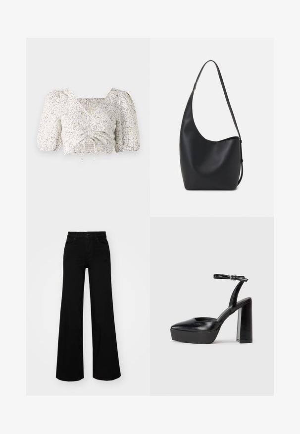 Vit kortärmad blus med blommönster i beige och blått. Har en smockad front och fyrkantig halsringning med snörningsdetaljer.; Svarta vida byxor i denim, med en strukturerad midja, bältesöglor och framfickor. Slät textur med en klassisk design.; Svarta plattformsskor med spetsig tå och justerbart vristband. Tillverkade av mjukt läder, med en kraftig blockklack.; Svart läder hobo-väska med en slät textur, kurvig form och en justerbar axelrem; har en bred öppning upptill.