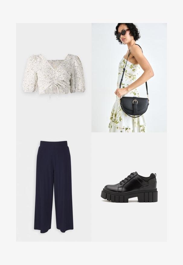 Biała bluzka z krótkim rękawem w kwiatowy wzór w odcieniach beżu i niebieskiego. Posiada marszczony przód oraz kwadratowy dekolt z detalami w postaci sznureczków.; Spodnie o szerokich nogawkach w ciemnonawiwowym materiale z rdzeniowym wzorem. Posiadają gładki pas i luźny krój, sięgający do połowy łydki.; Czarne skórzane buty na platformie z masywnym słupkowym obcasem, okrągłym noskiem i klasycznym sznurowaniem. Posiadają gładką teksturę i minimalne wykończenia.; Czarna skórzana torebka o zakrzywionym kształcie, z odpinanym paskiem i złotymi akcentami. Torebka posiada klapę z zapięciem w kształcie klamry.