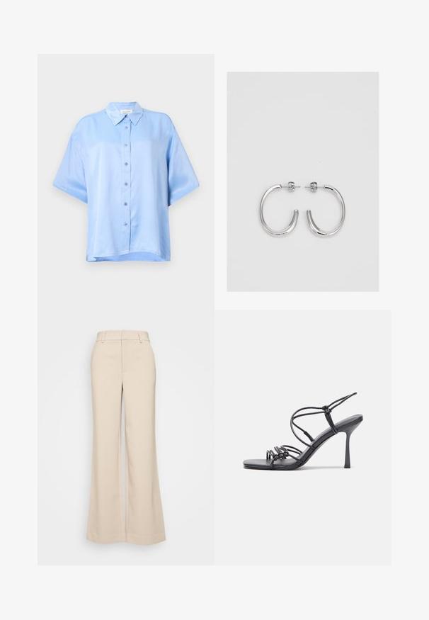 Šviesiai mėlynas trumpas rankovėmis satino marškiniai, su sagų užsegimu priekyje, smailiu apykakle ir laisvu siluetu.; Bežiniai plačios kojos kelnes su lygiu paviršiumi, turinčios aukštą liemenį ir dvi priekinės kišenes. Švarus dizainas su pritaikytu siluetu.; Juodos aukštakulnės sandalai pasižymi plonyčiais dirželiais su mazgo dizainu, lygiu kvadratiniu pirštu ir elegantišku stiletto kulnu.; Sidabrinės auskarai žiedai su lygiu, blizgiu paviršiumi. Suapvalinta forma, lengvas dizainas, su uždarymu ant smeigtuko.