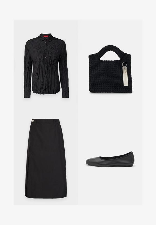 Schwarzes Langarmshirt mit gekräuselter Textur, Knopfverschluss und Kragen. Mit kontrastierendem rotem Etikett am Hals.; Schwarz knielanger Rock aus glattem Stoff, mit einem Schlitz vorne und einem metallischen Knopfakzent am Bund.; Schwarze Leder-Ballettschuhe mit abgerundeter Spitze, glatter Textur, minimalen Nähdetails und einem flexiblen Sohlen-Design.; Won Hundred MARSIELLE COMPUTER BAG UNISEX - Notebooktasche - black