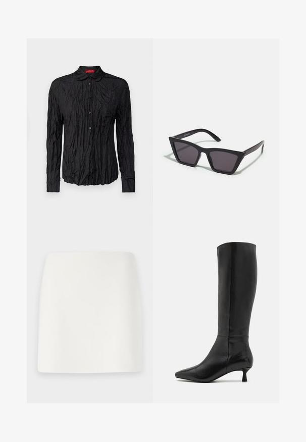 Černá košile s dlouhým rukávem a zvrásněnou texturou, zapínání na knoflíky a límec. Na krku se nachází kontrastní červená nášivka.; Bílá, přiléhavá minisukně s hladkým povrchem a čistými liniemi. Bez viditelných vzorů nebo kovových prvků. Rovný lem na spodním okraji.; Zign Vysoká obuv - black; Černé, ostré sluneční brýle s šedými skly; vyrobené z plastu, s mohutnými rameny a hladkým povrchem bez viditelného hardwaru.; Tommy Hilfiger ETERNITY MICRO TOTE MONO - Kabelka - universal grey