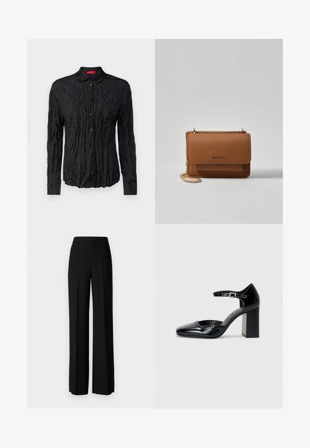 Zwarte langemouwen shirt met een gekreukt textuur, knoopsluiting en een kraag. Voorzien van een contrasterend rood label bij de hals.; Zwarte wijde broek met een gladde textuur, voorzien van een hoge tailleband en middelste plooien. Geen zichtbare patronen of hardware-details.; Zwarte lakleren hoge hakken met een vierkante neus, enkelbandje en een chunky hak. Inclusief geperforeerde details langs de rand.; Bruine lederen schoudertas met textuur, voorzien van een gouden kettingstrap en klepsluiting. De voorkant heeft een logo-detail en een zak onder de klep.