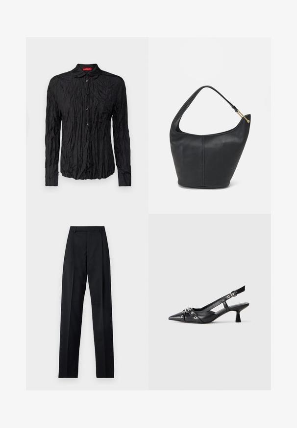 Čierna košeľa s dlhým rukávom, so zvrásnenou textúrou, s gombíkovým zapínaním a golierom. Obsahuje kontrastnú červenú nášivku na krku.; Čierne nohavice vyrobené z hladkej látky s vysokým pásom, širokými nohavicami, prednými záhybmi a klasickými pútkami na opasok. Žiadne bočné vrecká nie sú viditeľné.; Čierne kožené slingback topánky s špicatou špičkou, ozdobnými popruhmi s kovovými očkami a nízkym blokovým podpätkom. Textúrovaný povrch.; Čierna kožená kabelka zaobleného tvaru, so širokým popruhom a textúrovaným povrchom. Obsahuje jemný šev a zlaté kovanie.