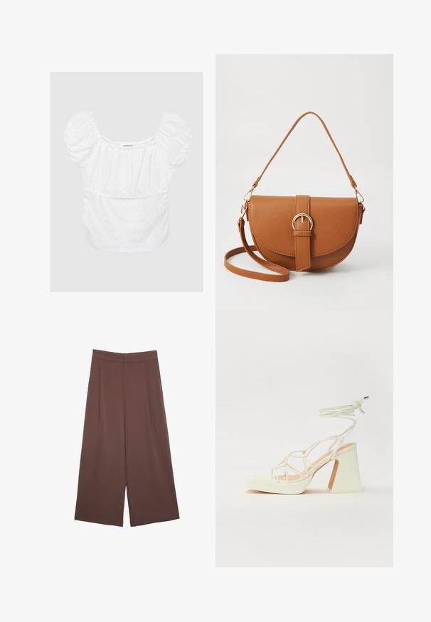 Witte blouse met opbollende mouwen, bloemend oogjespatroon, elastische halslijn en tailleband, zachte textuur en een relaxte pasvorm. Merktag zichtbaar.; Bruine wijde broek met een gladde textuur, voorzien van een hoge taille en plooien aan de voorkant. De stof is lichtgewicht en valt losjes.; Witte hoge hakken sandaal met een chunky hak, met een bandjesontwerp en enkelband. Gladde textuur met een plateau voor extra hoogte.; Bruine leren schoudertas met een gebogen vorm, gouden hardware en een gespaccent. Bevat een afneembare schouderriem.