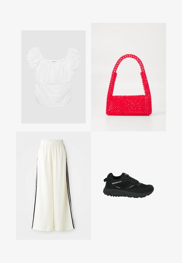 Weiße Bluse mit Puffärmeln, floralem Lochmuster, elastischem Ausschnitt und Bund, weichem Material und lässiger Passform. Markenetikett sichtbar.; Weiße weite Hosen mit elastischem Bund und schwarzen vertikalen Streifen an den äußeren Nähten.; Schwarzer wasserdichter Wanderschuh mit Netzpaneelen, strukturiertem Sohlenprofil, runder Zehenpartie und reflektierenden Schnürsenkeln. Verfügt über ein Logo und eine Zuglasche an der Ferse.; Rote Handtasche aus Perlenkunststoff, mit einem quadratischen Boden und einem gebogenen Griff. Die Oberfläche hat ein strukturiertes, glattes Finish mit einem Muster aus Perlen.
