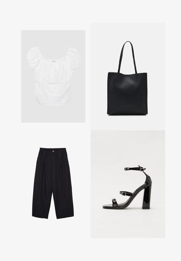 Weiße Bluse mit Puffärmeln, floralem Lochmuster, elastischem Ausschnitt und Bund, weichem Material und lässiger Passform. Markenetikett sichtbar.; Schwarze Polyester-Culotte mit einem elastischen Bund, zwei vorderen Falten und einer lockeren Silhouette. Keine sichtbaren Muster oder Hardware-Details.; Schwarze patentierte Sandalen mit Absatz, quadratischer Spitze, Knöchelriemen und silbernen Schnallen. Mit einem stabilen Blockabsatz für mehr Stabilität.; Schwarze Laptoptasche aus Leder mit glatter Textur, rechteckiger Form und zwei langen Griffen. Keine sichtbaren Beschläge oder Verzierungen.